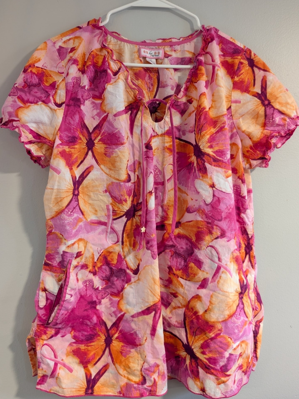 Pink Floral Tie-Neck Short Sleeve Scrub Top